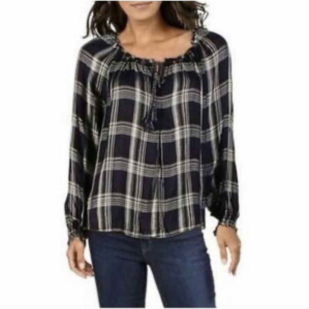 Max Studio Top Women's Large Black Tan Plaid Long Sleeves Peasant Top Rayon New